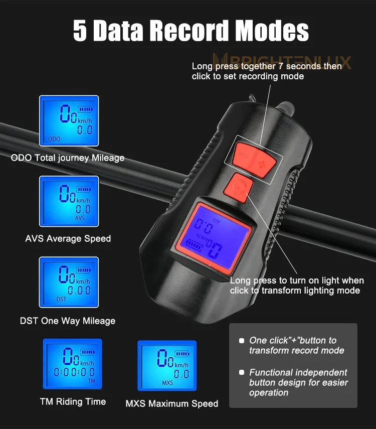 Brightenlux Factory Supply Multi-Functional USB Rechargeable Super Bright Data Record Combinations USB LED Horn Bike Lights